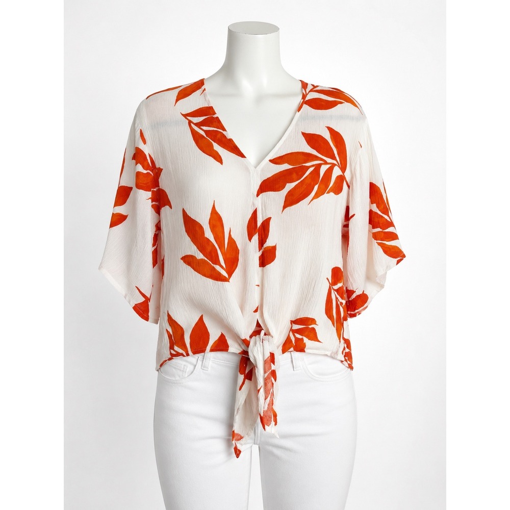 C By One Women White Orange Tropical Leaf Tie Front V-Neck Gauze Blouse Small